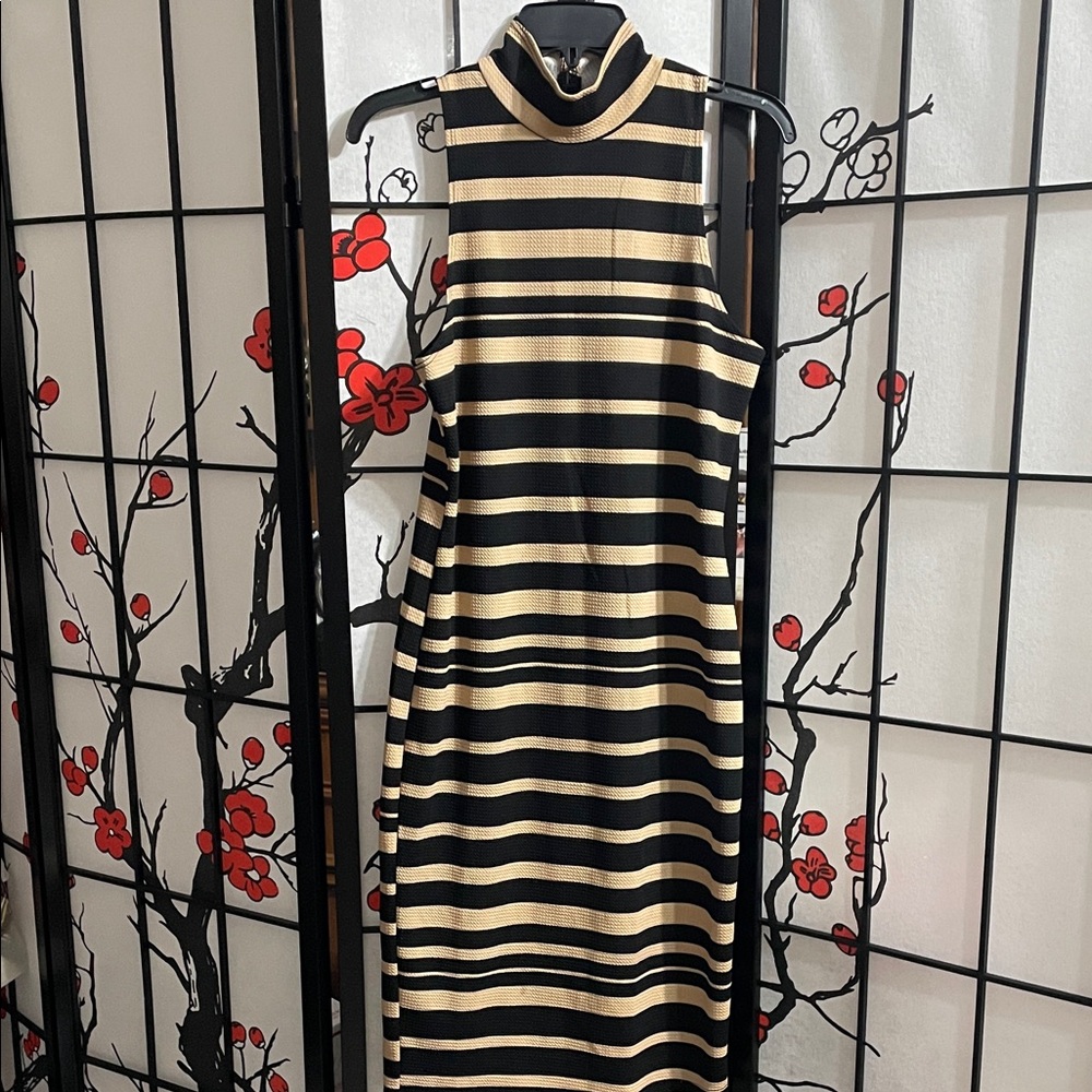 Snap Black and Tan Striped Midi Dress